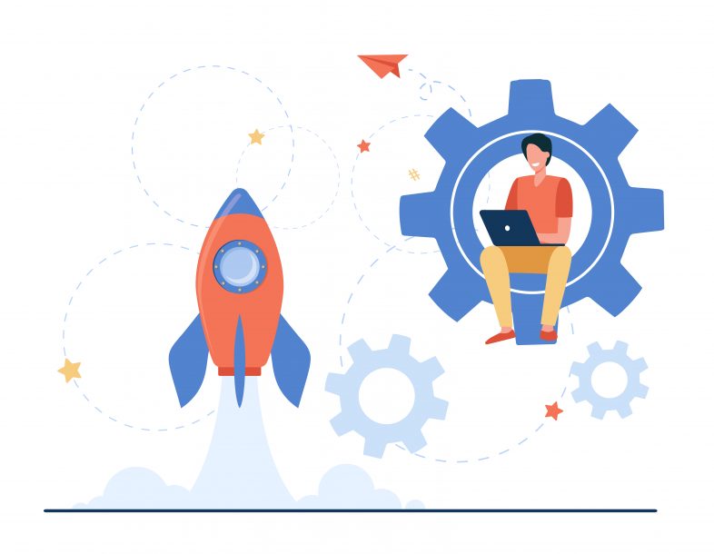 Happy guy developing project for startup. Rocket, launch, laptop flat vector illustration. Business or development concept for banner, website design or landing web page